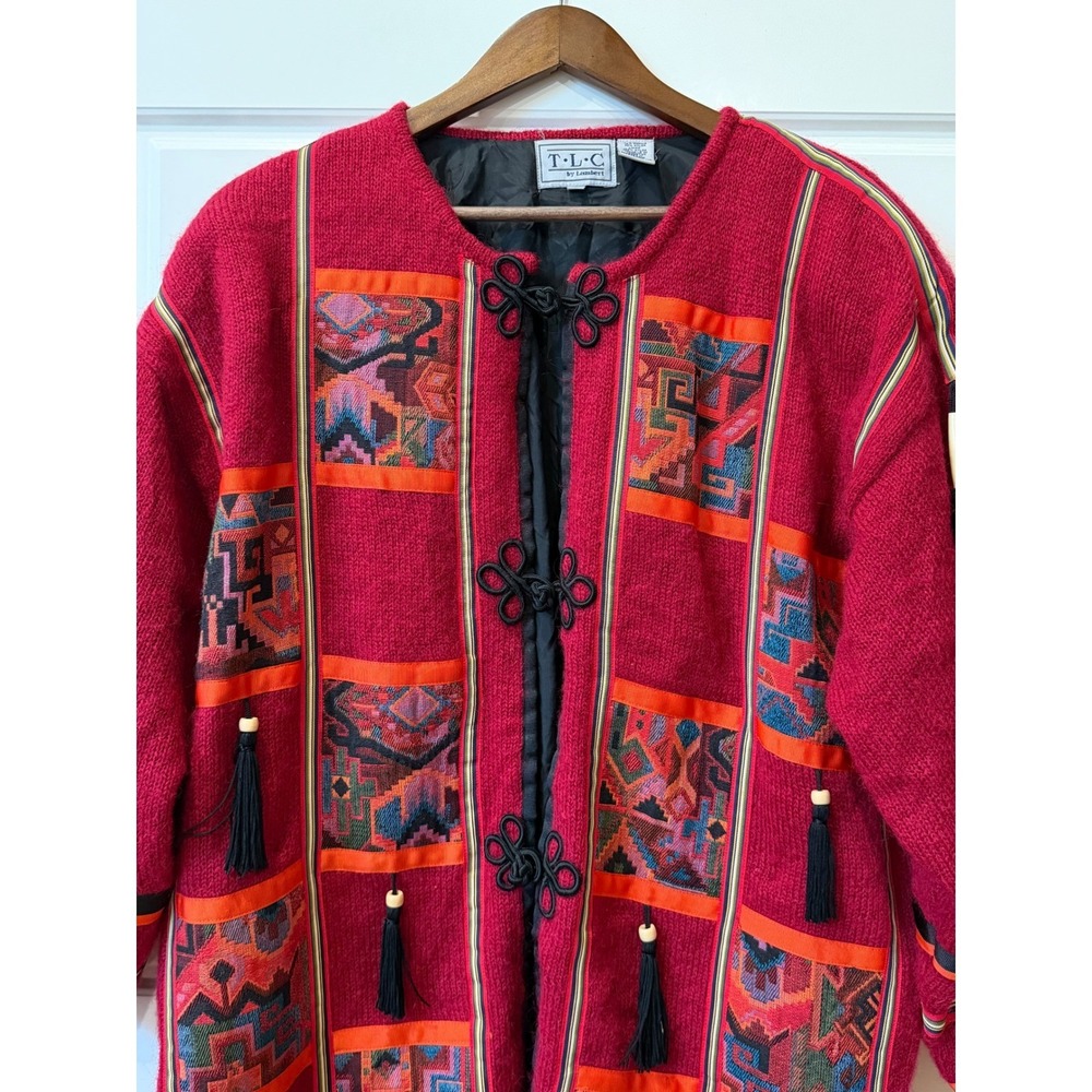 Vintage 90s TLC‎ by Lambert Red Mohair Tapestry Cardigan Medium Boho Art To Wear - Picture 3 of 13
